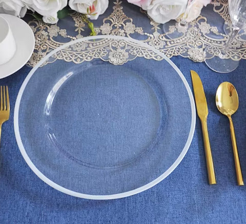 13” Clear PLASTIC Charger Plate white thin rim A1782-c