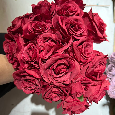 Artificial Flower Rose Bunch with leaf 18 head (dark red)