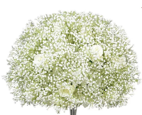 Green stem New big Artificial Flower Rose and Baby breath Arrangement Cream white