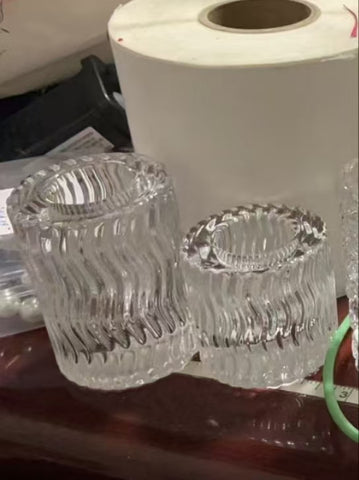 New 2” H Glass CANDLEHOLDER striped curvy (s)wave
