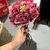 9 head Burgundy Burnt Edge Rose bunch(Handtied)