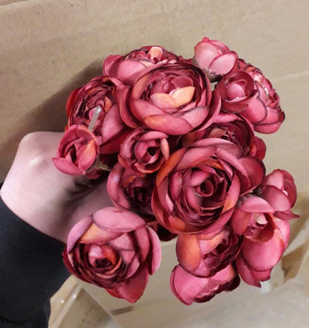 Burgundy Ranunculus bunch artificial wedding decor (6xMini Silk flower)