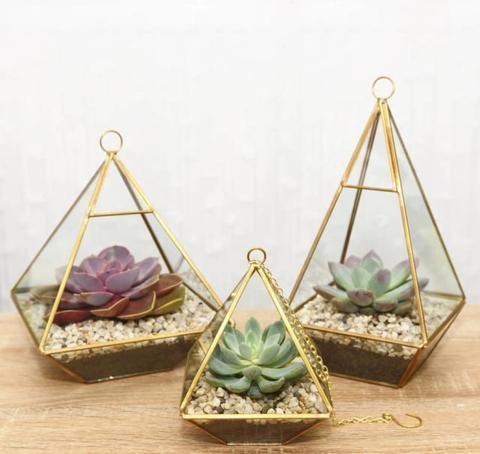GEOMETRIC 8" PLANTER GLASS PYRAMID TERRARIUM VASE (Gold) triangle - Richview Glass Wedding Supplies
