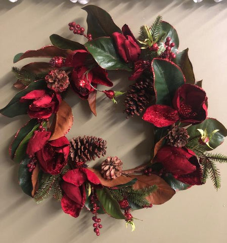 Artificial Flower Wreath with Magnolia Red - Viva La Rosa