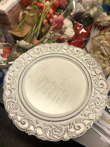 White Vintage Charger Plate Acrylic Flower pattern 14" A1101-A