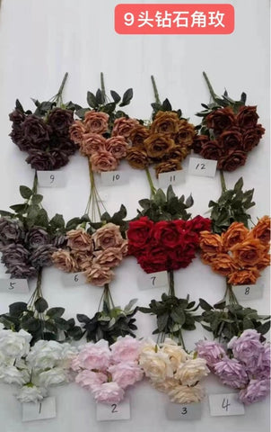 Artificial Flower Rose Bunch 9 head Pink
