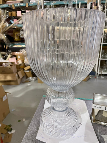 16”H x 10” D New Clear Glass Crystal Urn Vase striped ribbed