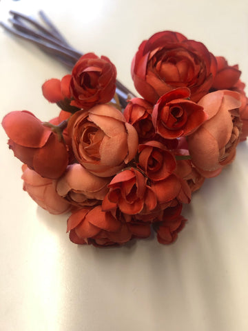Orange (2 tone) Ranunculus bunch artificial wedding decor (6xMini Silk flower)