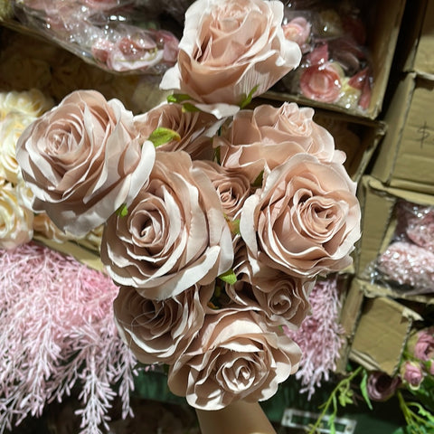 Peach skin dusty pink mauve Artificial Diamond Rose Bunch 10 head