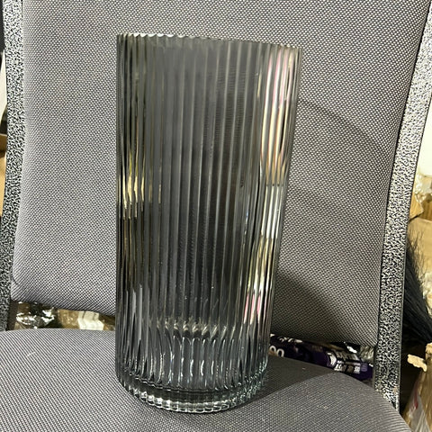 Striped Glass 4.7”x10”h Cylinder Vase (Smoky)