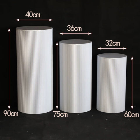 White set of 3 metal stand Pillar plinth round with ripple striped