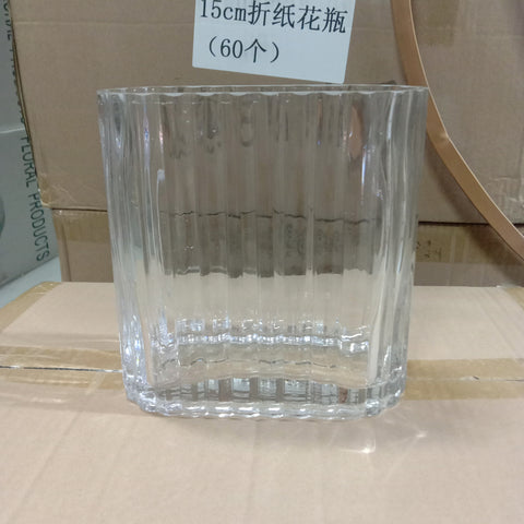 6.3” Thin Oval Vase Clear Glass with stripes ripple ribbed vertical line
