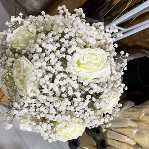 Artificial Flower Rose and Baby breath Arrangement Cream white 40cm