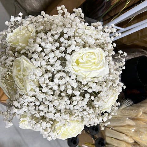 Artificial Flower Rose and Baby breath Arrangement Cream white