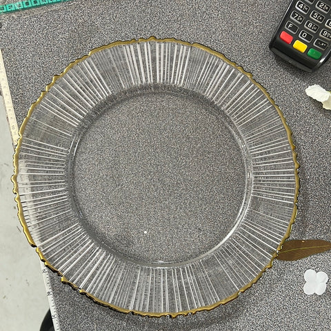 12.5" Clear Glass Charger plate with gold band ripple