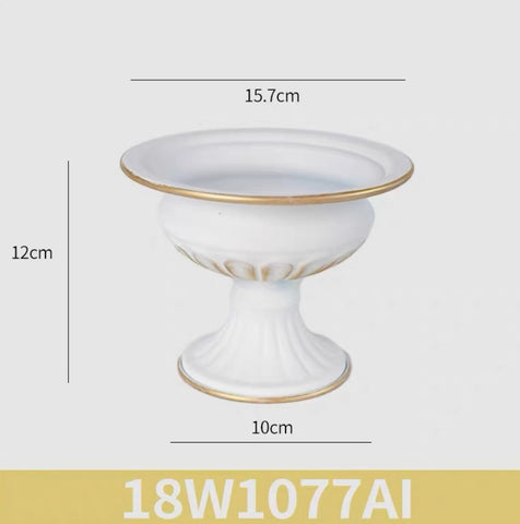 4.75" tall round White bowl /urn METAL wiith gold rim band 18W1077AI