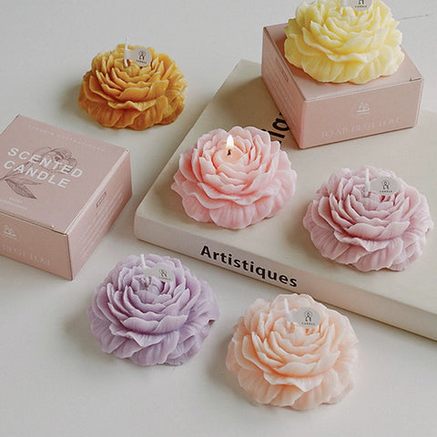 Pink peonies flower White cube candle 3x3 gift scented favor