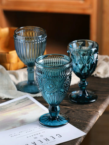 Blue Color Vintage sunflower drinking Glass 300ml crystal look(Goblet)