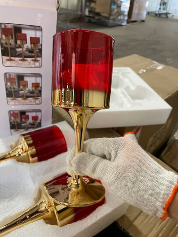 New red candleholder set of 3 gold