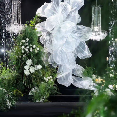 Giant rose flower fabric mesh 2m tall White Sheer