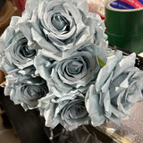 Dusty Blue Artificial Flower Rose Bunch 9 head