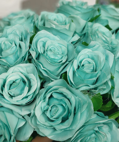 Artificial Flower Rose Bunch with leaf 18 head (Teal) - Richview Glass Wedding Supplies