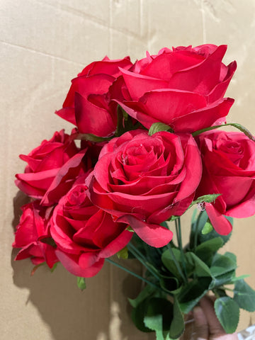 Bright Red Artificial Rose Bunch 10 head