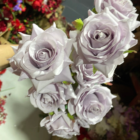 Dusty Purple Lilac Artificial Flower Rose Bunch 9 head