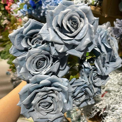 Dusty Blue Artificial Flower Rose Bunch 9 head