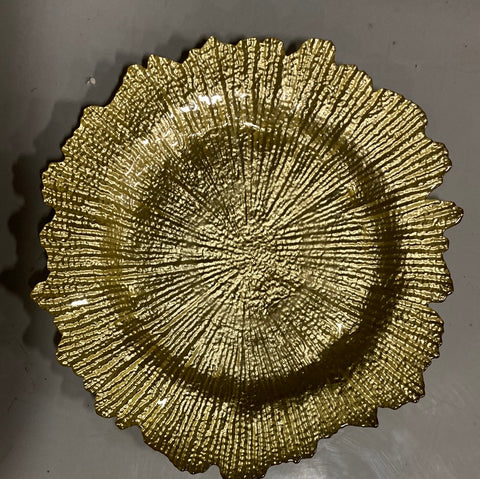 12.5" Glass Charger Plate Gold scallop starburst reef