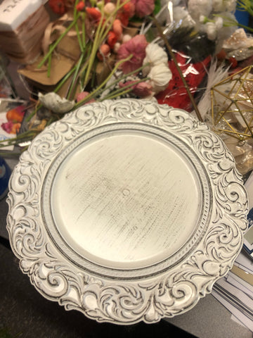 White Vintage Charger Plate Acrylic Flower pattern 14"
