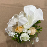 White corsage for bride groom best men mother ranunculus head band