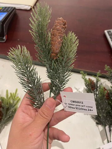 Christmas Pick cms0012 greenery 10” glitter pine with 1 cone