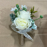 White boutonnière for bride groom best men mother ranunculus head band