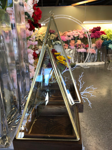 Geometric 9.5” Triangle Terrarium Vase Gold with wood base - Richview Glass Wedding Supplies