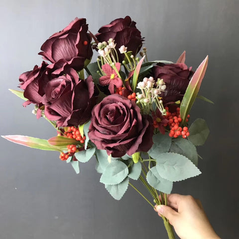 New Burgundy Rose with filler Artificial flower