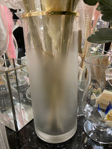 White frosted 12” cylinder Vase with Gold metal top