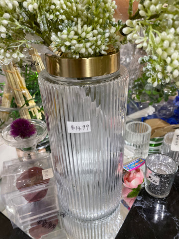 Clear cylinder Vase with Vertical ribbed stripe lines and Gold Rim