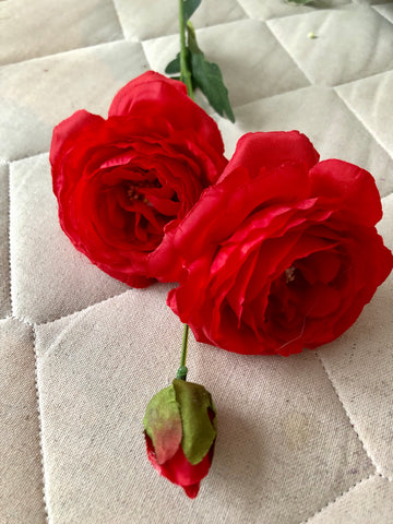 Red Artificial Flower Single Stem Rose SPRAY 2+1