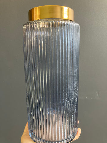 Blue cylinder Vase with Vertical ribbed stripe lines and Gold Rim