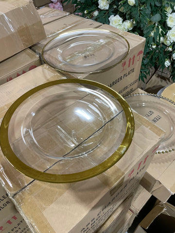 Wide band 12.5" Clear Glass Charge Plate gold rim extra thick band 1”