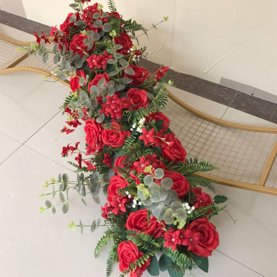 Red Table Runner Artificial Flower Rose Hydrangea Arrangement